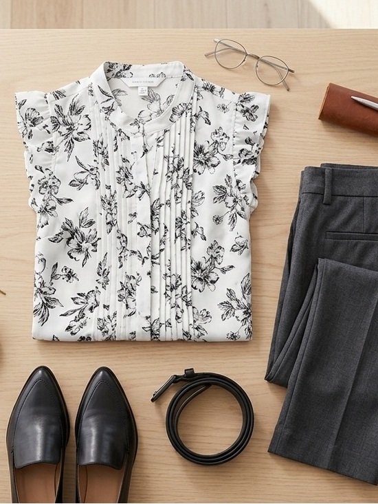 Elle Tops - Elle White Floral Pintuck Cap-Sleeve Blouse